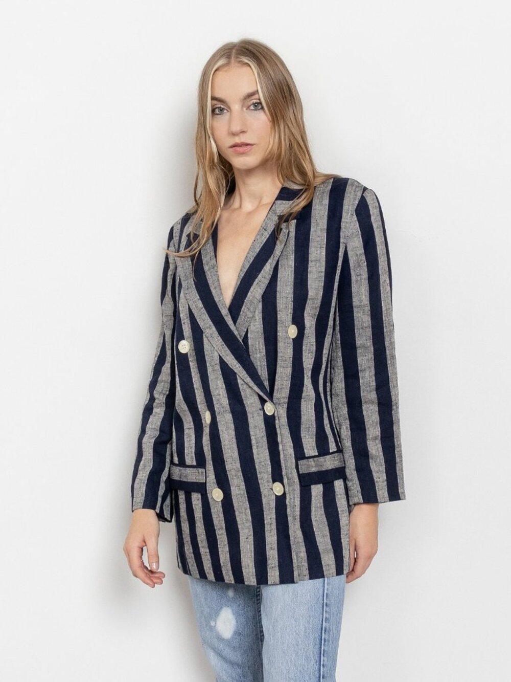 STRIPE LINEN BLAZER Double Breasted Vintage Small - Picture 10 of 10